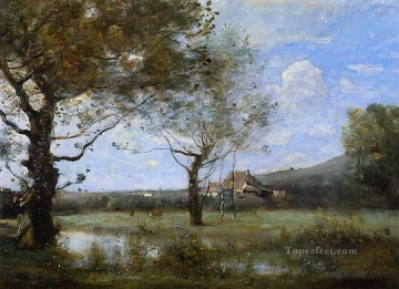 ブルック川の流れ Painting - 2本の大きな木のある草原 ジャン・バティスト・カミーユ・コローの小川